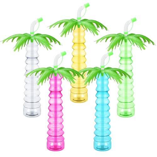 Jingmore Trinkhalm-Wasserflasche mit Strohhalmen und Deckel zum Trinken von Margaritas, kalten Getränken, gefrorenen Getränken, Hawaii-Familie, tropische Luau-Partys, 5 Farben, 30 Stück von Jingmore