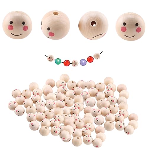 Jingzhan 100 Stück 20mm Dekorative Smile Face Holzperlen, Rund Natur Holzkugeln mit Loch, Bastelkugeln mit Gesicht für DIY Armband Halskette Schmuck Handgefertigte Kunsthandwerk von Jingzhan