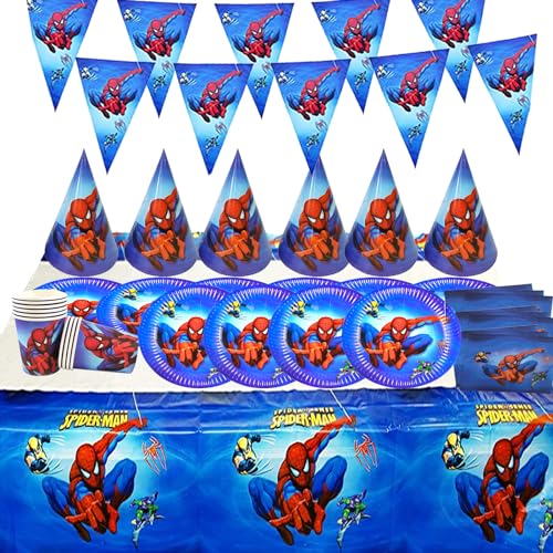 78 PCS Spider Partygeschirr, Spider Partygeschirr Set, Kindergeburtstag Tischdeko, Spider Party Supplies, Dazu gehören Teller, Tischdecke,Tasse, Servietten und Pull Flag, für Kindergeburtstag von JinkySier