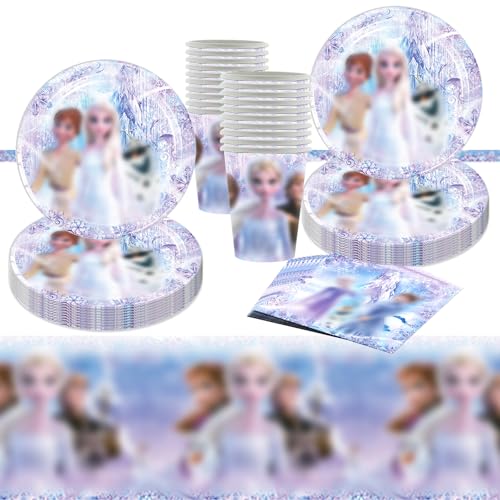 Prinzessin Partygeschirr,Frozen Geburtstagsdeko,Frozen Partygeschirr,Frozen Geburtstag Party Supplies Gehören 20 Teller,20 Servietten,20 Tasse,1 Tischdecke,für Kindergeburtstagsdekoration für 20 Gäste von JinkySier