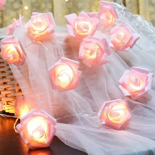 Jinlaili 20 LED Deko Rosen Lichterkette, 3 Meter Warmweiß Lichterketten Blumengirlande mit Licht, LED Rosen Lichterkette Batteriebetrieben, Blumen Weihnachts Deko, Hochzeit Valentinstag Deko (Rosa) von Jinlaili