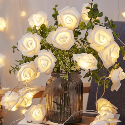 Jinlaili 20 LED Deko Rosen Lichterkette, 3 Meter Warmweiß Lichterketten Blumengirlande mit Licht, LED Rosen Lichterkette Batteriebetrieben, Blumen Weihnachts Deko, Hochzeit Valentinstag Deko (Weiß) von Jinlaili