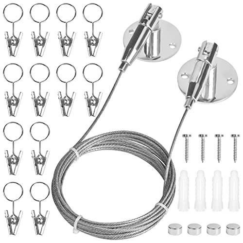 Jinlaili Gardine Stahlseil (3 Meter) mit 12 Stück Vorhangclip, Vorhangdraht aus Edelstahl, Wäscheleine Gardinenseil, Seilspanngarnitur Edelstahl Draht Seil, Vorhang Seil Linie für Kleidung Bilder von Jinlaili