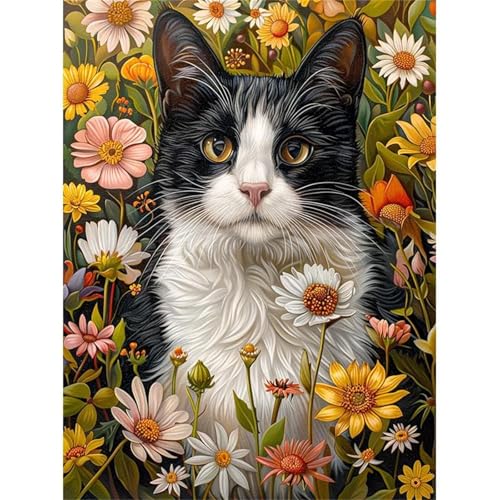 5D Blumen Katze Diamond Painting Kit,Diamant Painting Bilder für Erwachsene Kinder DIY Full Runder Diamond Art Kristall Strass Kreuzstich Stickerei Malen Nach Zahlen Geschenke Wand Dekor 40x60cm von Jinmer