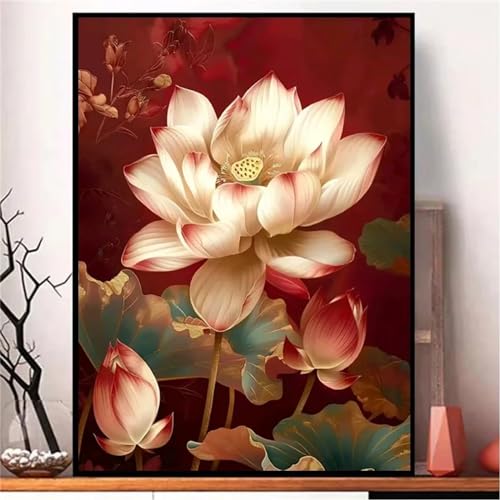 5D Diamond Painting Lotus Set,Vintage-Rot Diamant Painting Bilder Kit für Kinder Erwachsene Full DIY Strass Stickerei Diamond Art Painting Kit Wohnzimmer Büro Wand Dekoration Square Drill,60x80cm von Jinmer