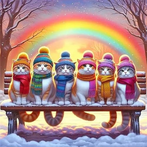 5D Diamond Painting Regenbogen-Katzen,Diamant Painting Bilder Landschaftstiere Diamond Art Erwachsene Full DIY Strass Stickerei Kreuzstich Malerei Set für Home Wand Dekor Vierkantbohrer,30x30cm von Jinmer