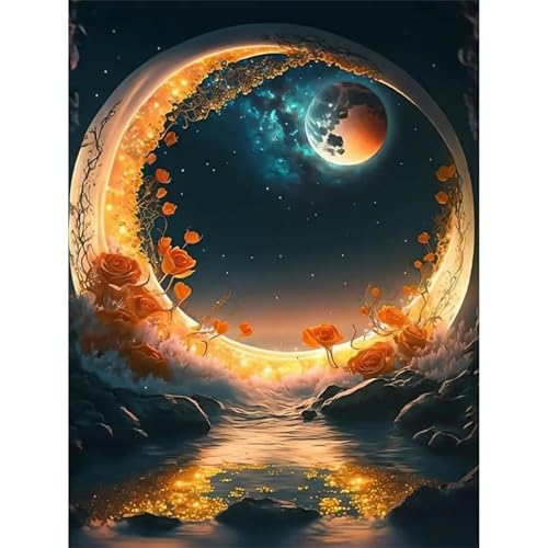 5D Fantasy-Landschaftsmond Diamond Painting Kit,Diamant Painting Bilder für Erwachsene Kinder DIY Full Runder Diamond Art Kristall Strass Kreuzstich Stickerei Malen Geschenke Wand Dekor 100x130cm von Jinmer