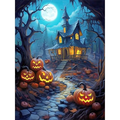 5D Halloween-Kürbishütte Diamond Painting Kit,Diamant Painting Bilder für Erwachsene Kinder DIY Full Runder Diamond Art Kristall Strass Kreuzstich Stickerei Malen Geschenke Wand Dekor 60x80cm von Jinmer