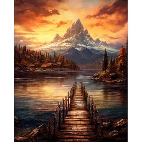 5D Lake Bridge Mountain Diamond Painting Kit,Diamant Painting Bilder für Erwachsene Kinder DIY Full Runder Diamond Art Kristall Strass Kreuzstich Stickerei Malen Geschenke Wand Dekor 100x130cm von Jinmer