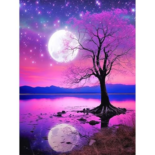 5D Mondbaumreflexion Diamond Painting Kit,Diamant Painting Bilder für Erwachsene Kinder DIY Full Runder Diamond Art Kristall Strass Kreuzstich Stickerei Malen Nach Zahlen Geschenke Wand Dekor 70x90cm von Jinmer