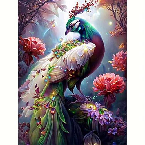 5D Pfauenblumenlandschaft Diamond Painting Kit,Diamant Painting Bilder für Erwachsene Kinder DIY Full Runder Diamond Art Kristall Strass Kreuzstich Stickerei Malen Geschenke Wand Dekor 60x80cm von Jinmer