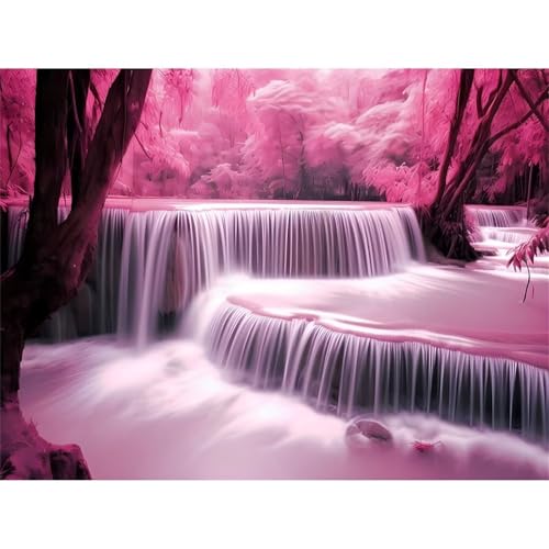 5D Pink Woods Wasserfall Diamond Painting Kit,Diamant Painting Bilder für Erwachsene Kinder DIY Full Runder Diamond Art Kristall Strass Kreuzstich Stickerei Malen Geschenke Wand Dekor 80x100cm von Jinmer