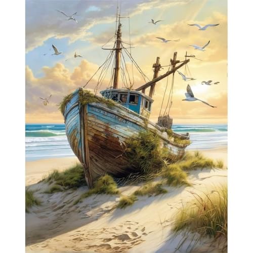 5D Strandboot-Landschaft Diamond Painting Kit,Diamant Painting Bilder für Erwachsene Kinder DIY Full Runder Diamond Art Kristall Strass Kreuzstich Stickerei Malen Geschenke Wand Dekor 70x90cm von Jinmer