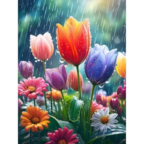 5D Tulpen für regnerische Tage Diamond Painting Kit,Diamant Painting Bilder für Erwachsene Kinder DIY Full Runder Diamond Art Kristall Strass Kreuzstich Stickerei Malen Geschenke Wand Dekor 80x100cm von Jinmer