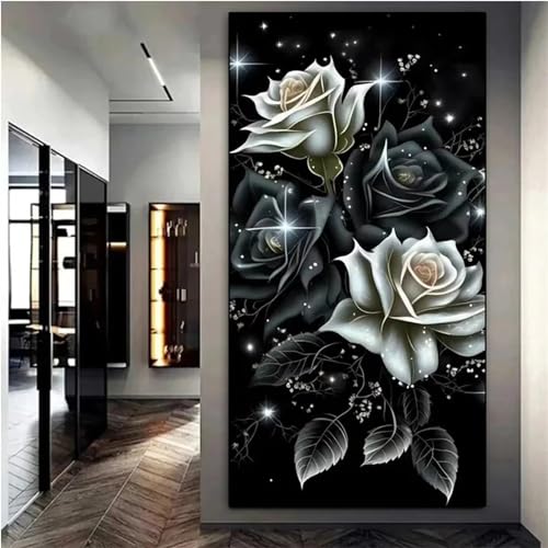 Diamond Painting Erwachsene Schwarze weiße Rosen 5D Diamant Painting Bilder Erwachsene Groß Diamond Painting Set DIY Full Drill Kreuzstich Bilder Diamant Malerei für Wohnzimmer Dekoration Rund,30x60cm von Jinmer