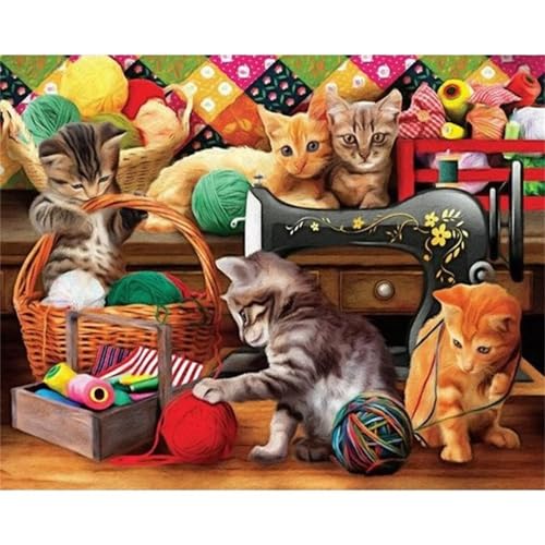 Freche Katzen Diamond Painting Set,5D DIY Diamant Painting Bilder Full Vierkant Kristall Stickerei Kreuzstich Diamant Malerei Kunsthandwerk Home Schlafzimmer Büro Wand Dekoration 60x80cm von Jinmer