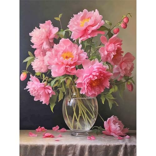 Rosa Pfingstrosenstrauß Diamond Painting Set,5D DIY Diamant Painting Bilder Full Vierkant Kristall Stickerei Kreuzstich Diamant Malerei Kunsthandwerk Home Schlafzimmer Büro Wand Dekoration 80x100cm von Jinmer