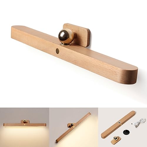 Holz Badezimmer LED Spiegelleuchte, Holz Wandleuchte, magnetische Lampe, 4000K Spiegelleuchte dimmbare, wiederaufladbare Schminkspiegelleuchte mit Berührungsschalter, Carbinet Light, warmes Licht von JinsenTGG