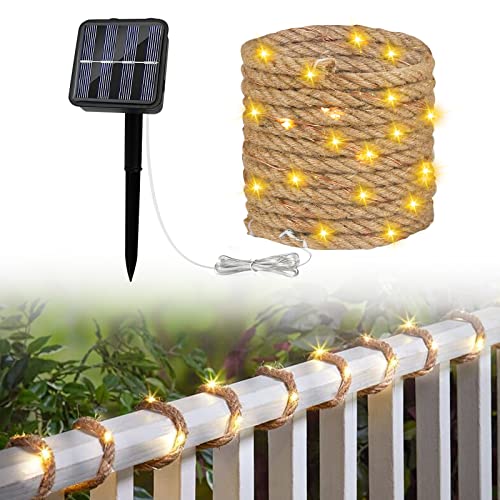 Solar Lichterkette Seil Garten, IP65 Fairy Solar Rope Lights mit 100 LEDs für Außenbereich Garten Terrasse Balkon Deko, 500cm Sisal Star Illuminated Lamp, Deko Seil Leuchte Warmweiße Dekoration von JinsenTGG