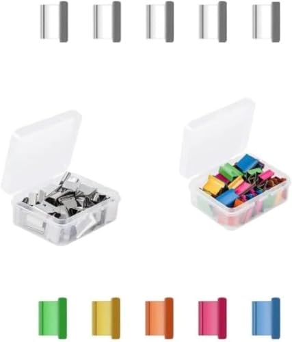 50 bunte + 50 silberfarbene Papier-Organizer-Clips mit Box, wiederverwendbare Metallklemmen, tragbarer Papierklammer-Spender, Nachfüllclip, manuelle Heftgeräte, Ordner und Büroklammern, Klebeband, von Jinshining