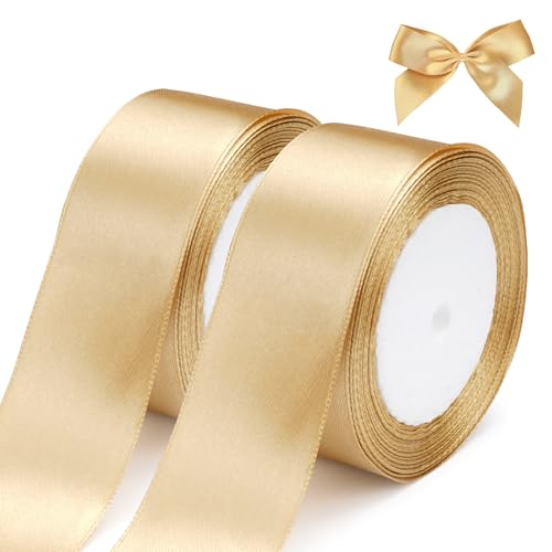 2 Rollen Geschenkband Gold Breit 40 mm, 44 Meters(50Yards) Schleifenband Gold,Satinband Gold Elegant,Goldenes Band,Goldenes Geschenkband für Geschenkverpackungen, Floristen, Basteln, Nähen(22M/Rolle) von Jinsion