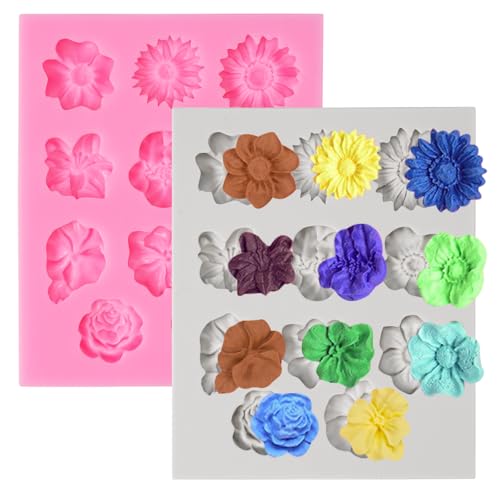 2 Stück 3D Silikonform Blumen, Silikonformen Gießformen Blumen, Mini Blumen Kuchen Fondant Silikonformen 3D Blumen, Fondant Silikonform Blumen für Kuchen, Schokolade Zuckerguss Gelee Kerzen Seife von Jinsion