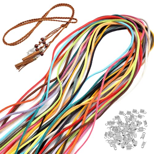 20 Stück Lederschnur 1m, Lederband 3mm mit 100 Zubehörteilen, Faux Wildleder Schnur, Wildlederband, Lederbänder für Herstellung von Ketten, Schmuck, Halsketten, Armbändern, Kunsthandwerk (20 Farben) von Jinsion