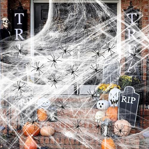 200g Spinnennetz Deko, Halloween Spinnennetz mit 50 Fake Spinnen, Weiß Spinnweben Halloween, 1000m² Fake Spinnweben, Dekoration Dehnbar für Innen, Außen, Häuser, Garten, Spukhaus & Party Zubehör von Jinsion