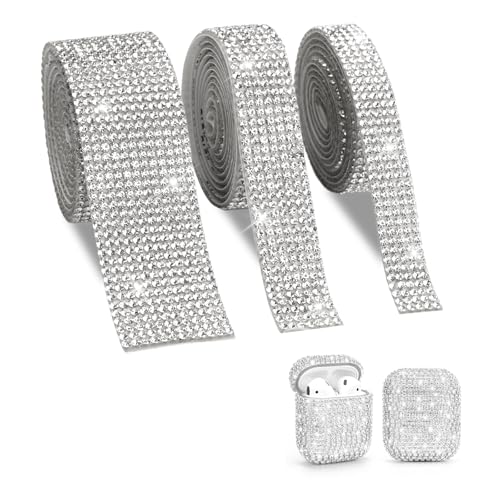 3 Rollen Strassband Selbstklebend, Glitzerband Selbstklebende Glitzersteine Bänder, DIY Kristall Strass Diamant Band, Strasssteine Band Glitzerband, Kristall Strassbänder Silber für Dekoration Basteln von Jinsion