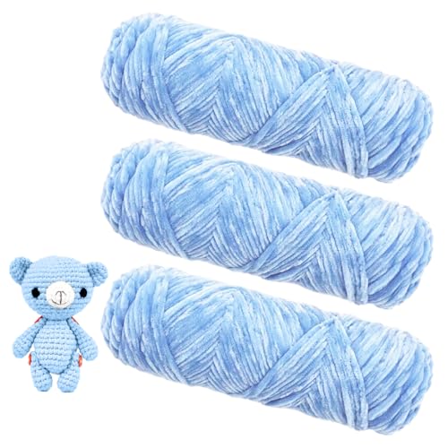 3×100g Flauschige Wolle zum Häkeln,3×180m Kuschelwolle zum Häkeln,Kuschelweich Chenillegarn,Flauschige Weich Plüschwolle,Samtig Baby Wolle(Himmelblau),Himalaya Wolle für Decken,Schals,Taschen,Puppen von Jinsion