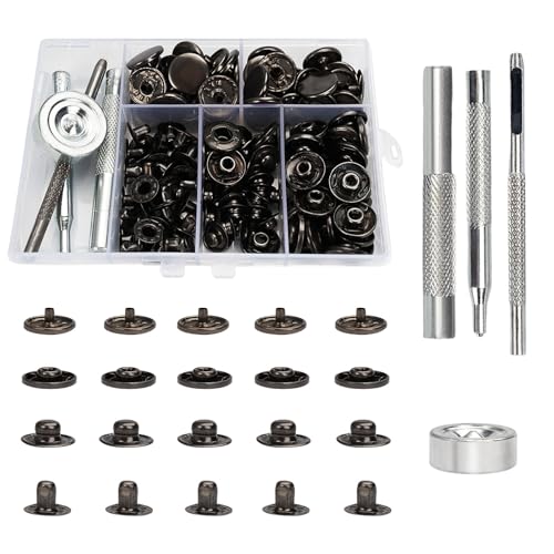 40 Sets Druckknopf Set, Kupfer Druckknöpfe Metall Schwarz Kleidung Snaps Taste mit Fixierwerkzeug Kit, 15 mm Leder Druckknöpfe Set, für Leder Handwerk Jacke Brieftasche Handtasche von Jinsion