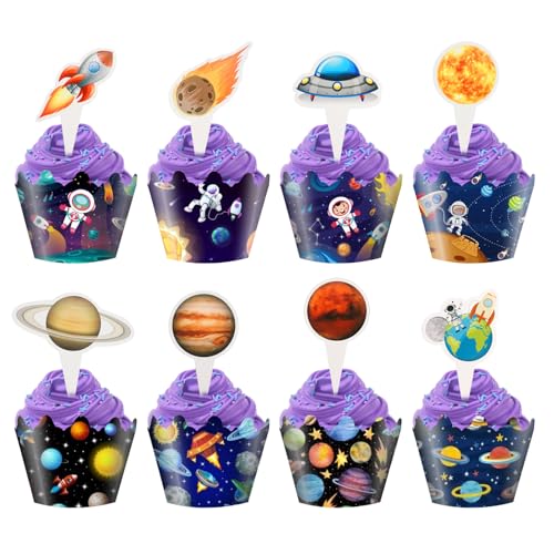 48 Stück Weltraum Cupcake Deko, Space Astronaut Cupcake Toppers, Geburtstag Planeten Kuchendekoration, Weltraum Astronauten Thema Party Tortendeko, Geburtstagskuchen Planet Topper für Kindergeburtstag von Jinsion