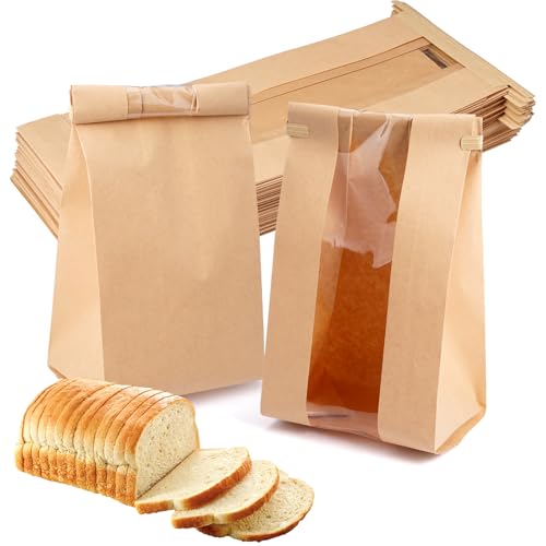 50 Stück Papiertüten mit Fenster, Brottüten Braun, Brottüten Papier Groß, Brotpapiertüten für Lebensmittelverpackungen für Hausgemachtes Brot, Sauerteig, Laib, Kekse, Geschenke (12 x 9 x 30 cm) von Jinsion