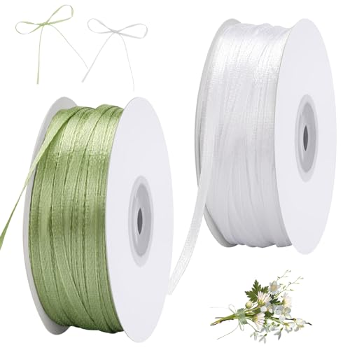 91 m Schleifenband Grün und Geschenkband Weiss,2 Rollen Satinband 3 mm,Schleifenband Salbeigrün,Geschenkband Salbeigrün,Satinband Geschenkband Grün und Weiss für Geschenkverpackung Hochzeit Deko von Jinsion