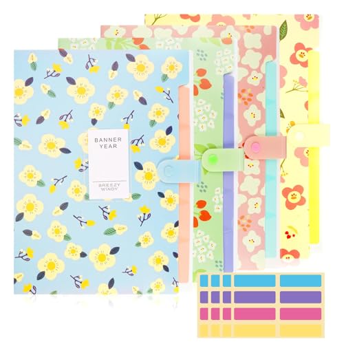 Jinsion 4 Pack Fächermappen A4, Akkordeon Datei Organizer, Dokumentenmappe mit 6 Taschen, Organizer Ordner mit Tabs, Floral bedruckte Plastikordner für Büro, Geschäftsreise, Zuhause von Jinsion