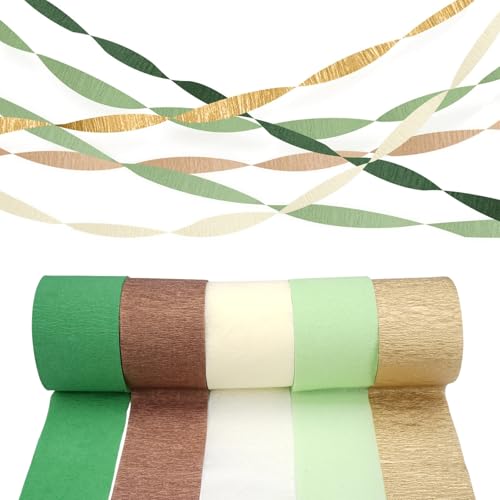 Krepppapier 5 Rollen 125m Olivgrün Grasgrün Gold Dunkelbraun Beige Kreppband Satz, Partydekorationen Creppapier, Krepp Papier Party Crepe Streamer für Geburtstag Hochzeit Osterdekorationen Gartenparty von Jinsion