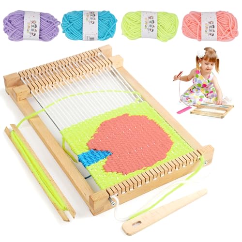 Webrahmen Aus Holz 19x29 cm, DIY Holz Webrahmen Set, Weben für Kinder Set, Webstuhl Handarbeits, Webbrett Groß für kinder, Weaving Loom Kit mit Nadel, Kamm, Farbige Wolle, Idea für Anfänger, Kinder von Jinsion