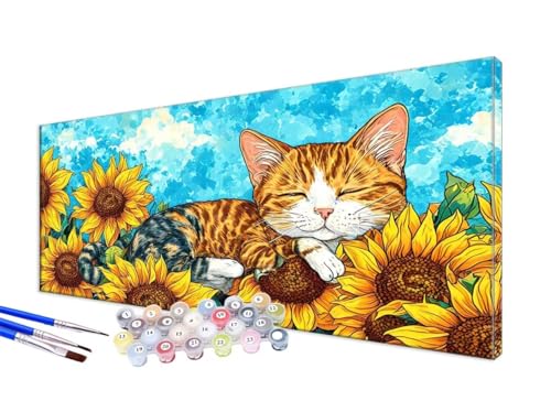 Malen Nach Zahlen Erwachsene Katze Malen Nach Zahlen Sonnenblume DIY Handgemalt Ölgemälde Kit Paint by Numbers Bastelset mit 3 - Pinseln und Acrylfarbe, Deko Wohnzimmer, Ohne Rahmen 20x40cm JC-211 von Jinycoon