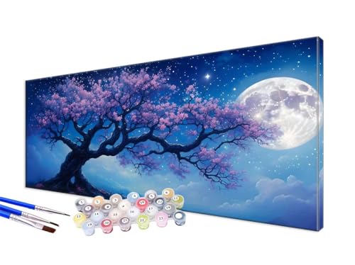 Malen Nach Zahlen Erwachsene Kirschblüten Malen Nach Zahlen Mond (2) DIY Handgemalt Ölgemälde Kit Paint by Numbers Bastelset mit 3 - Pinseln und Acrylfarbe,Deko Wohnzimmer,Ohne Rahmen 50x100cm JC-627 von Jinycoon