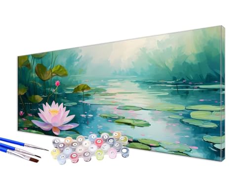 Malen Nach Zahlen Erwachsene Lotusblatt Malen Nach Zahlen Lotus DIY Handgemalt Ölgemälde Kit Paint by Numbers Bastelset mit 3 - Pinseln und Acrylfarbe, Deko Wohnzimmer, Ohne Rahmen 20x40cm JC-629 von Jinycoon