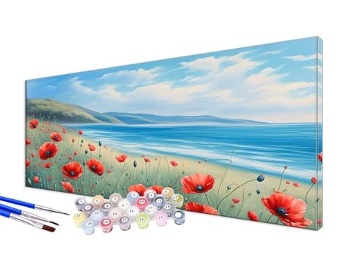 Malen Nach Zahlen Erwachsene Meer Malen Nach Zahlen Mohn DIY Handgemalt Ölgemälde Kit Paint by Numbers Bastelset mit 3 - Pinseln und Acrylfarbe, Deko Wohnzimmer, Geschenk, Ohne Rahmen 100x200cm JC-575 von Jinycoon