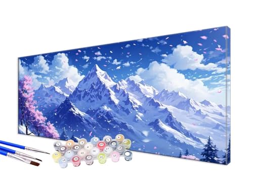 Malen Nach Zahlen Erwachsene Schneeberg Malen Nach Zahlen Kirschblüten DIY Handgemalt Ölgemälde Kit Paint by Numbers Bastelset mit 3 - Pinseln und Acrylfarbe,Deko Wohnzimmer,Ohne Rahmen 20x40cm JC-625 von Jinycoon