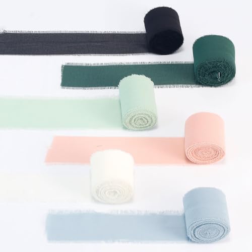 6 Rollen 3,8 cm x 6,5 m handgefertigtes Fransen-Chiffon-Seidenband, Geschenkband Chiffon, Schleifenband Festival Bänder Dekoband für Hochzeit, Taufe und Geburtstag Geschenke von Jinzhenhong