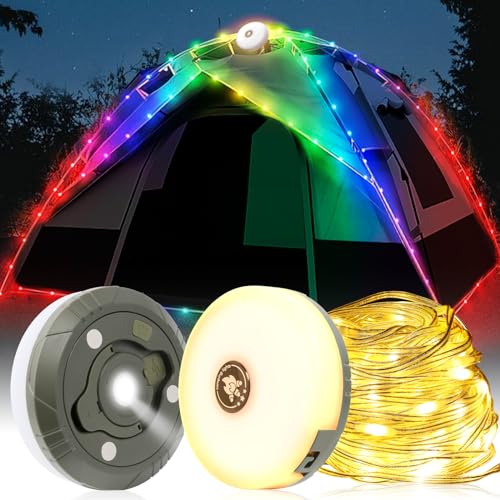 Jirmerp 3 In 1 Camping Lichterkette Aufrollbar 10m Tragbare Camping Lichterkette Warmes Licht und farbiges Licht Usb Wiederaufladbare Campinglampe für Camping, Garten und Wandern von Jirmerp