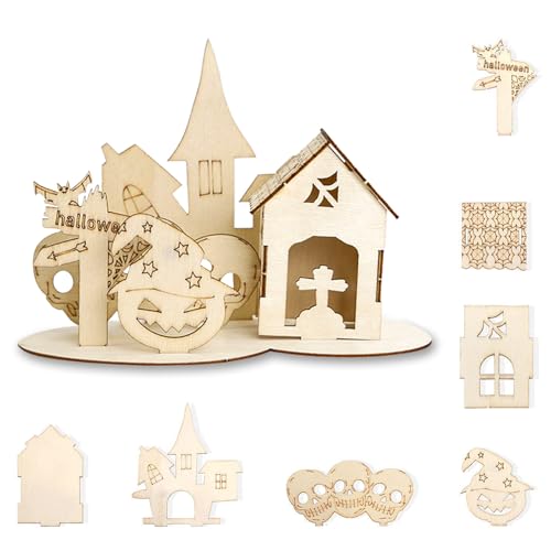 Halloween Deko, Jisrcha Halloween-Holz-Puzzle, 3D Holz Puzzle Deko Tisch Ornamente, Halloween Deko Schild for Adults and Children Model Building Decor Tisch Ornamente (A) von Jisrcha