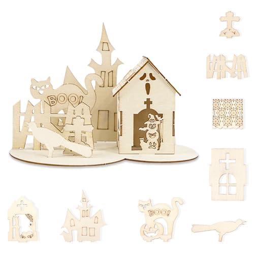 Halloween Deko, Jisrcha Halloween-Holz-Puzzle, 3D Holz Puzzle Deko Tisch Ornamente, Halloween Deko Schild for Adults and Children Model Building Decor Tisch Ornamente (B) von Jisrcha