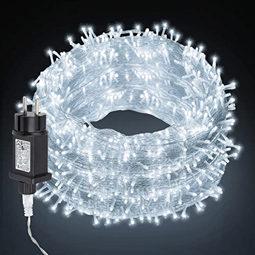 Jiubiaz LED Lichterkette Aussen, 100m 500LEDs Lichterkette Außen mit 8 Leuchtmode und Speicherfunktion, IP44 Wasserdicht für Innen Außen Weihnachten,Balkon, Garten Deko, Kaltweiß von Jiubiaz