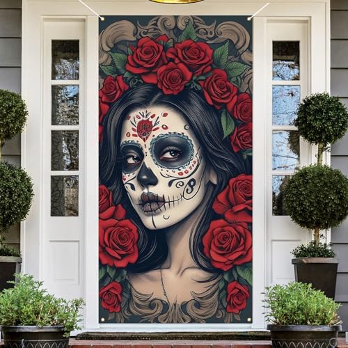 Dia De Los Muertos Türabdeckung Tag der Toten Veranda Schild Banner Gothic Halloween Zuckerschädel Ringelblume Blumen Dekorationen und Zubehör für Zuhause von Jiudungs