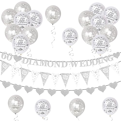 Jiusely Glitzernde Banner zum 60. Hochzeitstag, Dekoration zum 60. Hochzeitstag, Wimpelkette und Luftballons für Jubiläumsparty von Jiusely