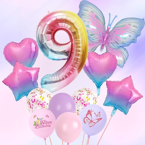 Lila Deko Geburtstag Mädchen, Lila Schmetterling Folienballons 12 Stück 12 Zoll Pastell Lila Rosa Luftballon Zahl 9 Luftballon Geburtstagsdeko Mädchen Set für 9 Jahre Mädchen Geburtstag Deko Babyparty von Jiusely